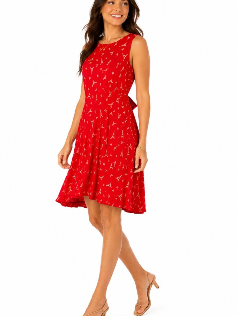 Mica Paris Print Sleeveless Tie Waist Dress Red White Eiffel Tower Midi Dress